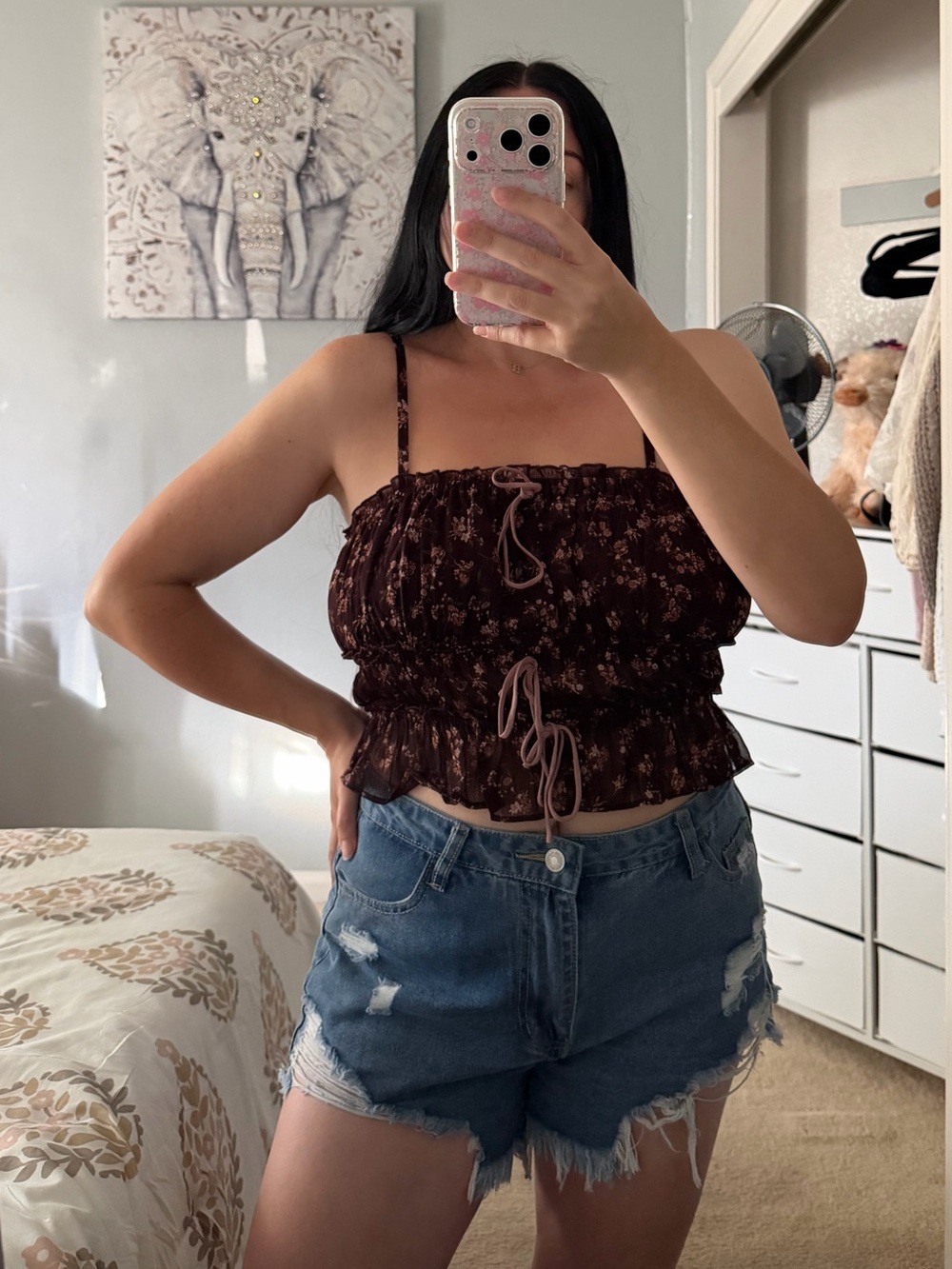 Dark Plum Purple Floral Ruffle Bow Tow Front Crop Top M Medium S Small